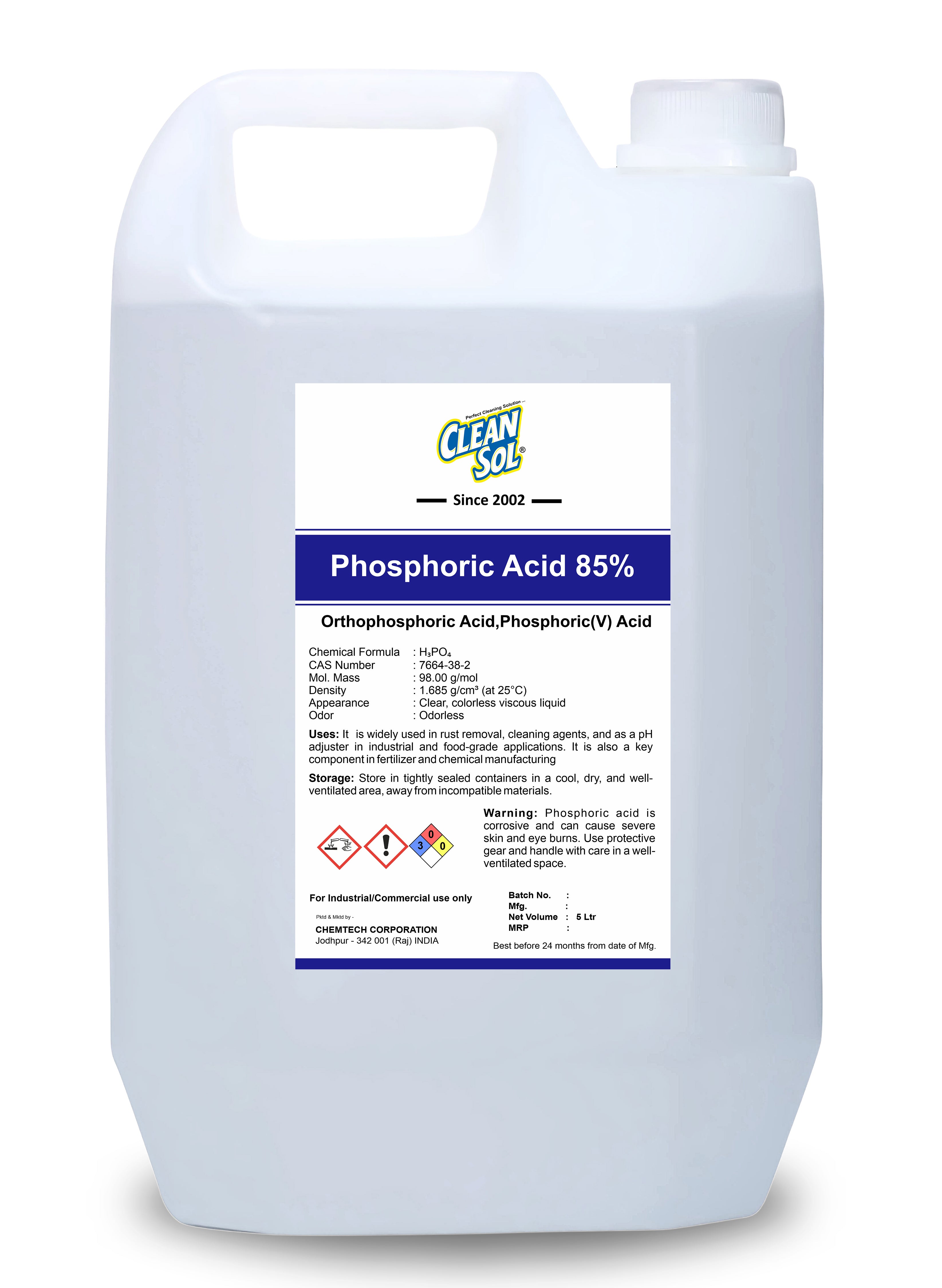 Cleansol Phosphoric Acid 85% | Industrial-Grade Cleaner & Rust Remover for pH Adjustment, Chemical Manufacturing, and Fertilizer Production