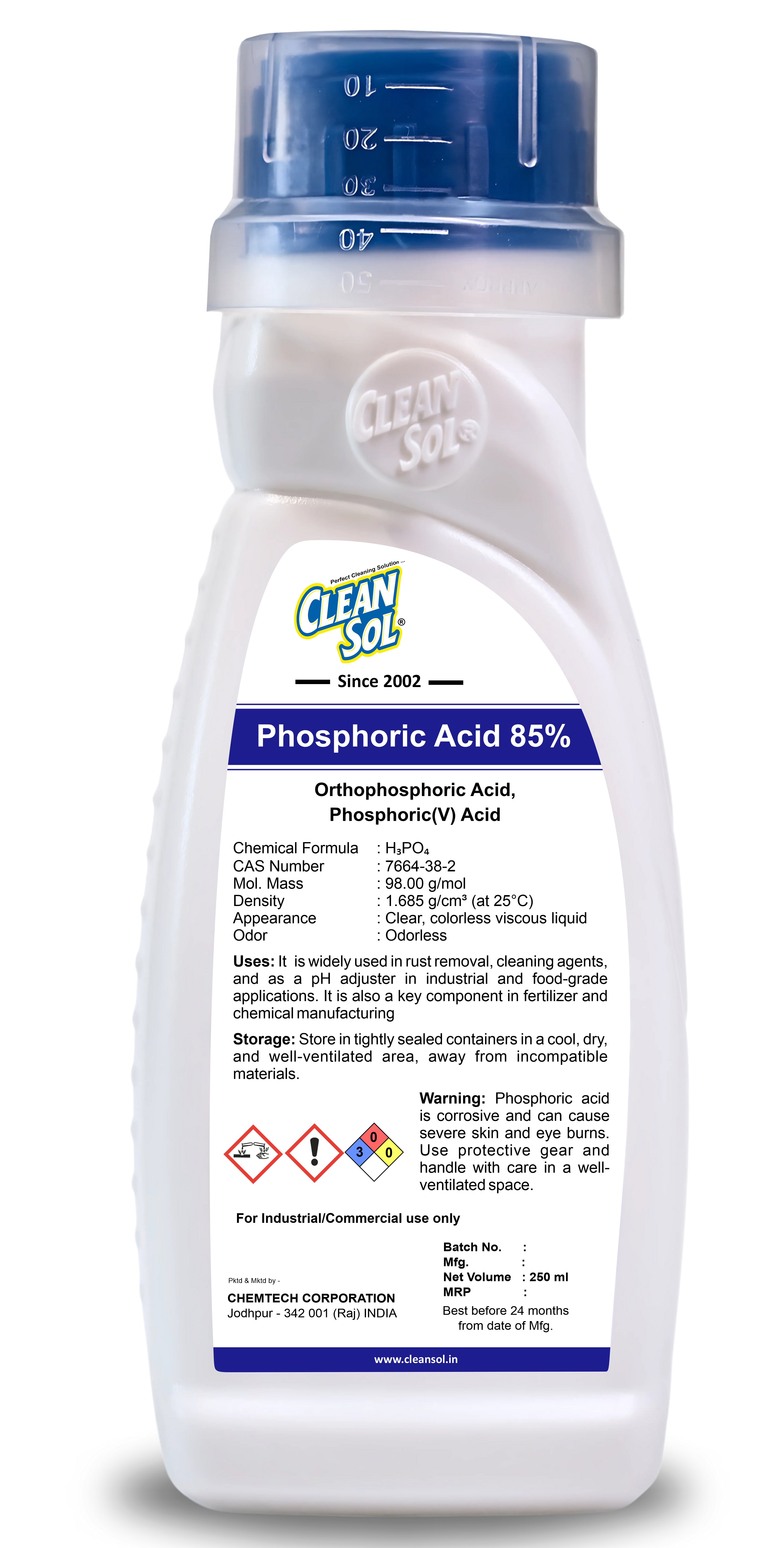 Cleansol Phosphoric Acid 85% | Industrial-Grade Cleaner & Rust Remover for pH Adjustment, Chemical Manufacturing, and Fertilizer Production