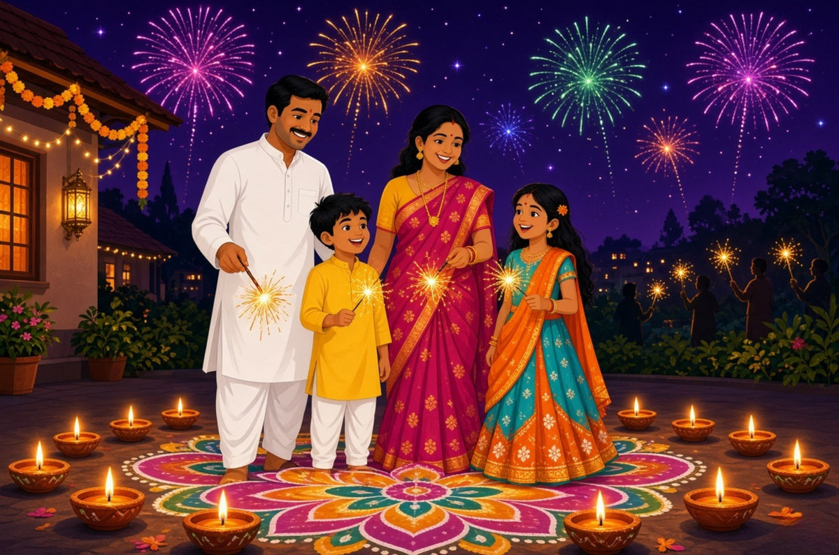 Family celebrating Diwali with phooljhadi and diyas