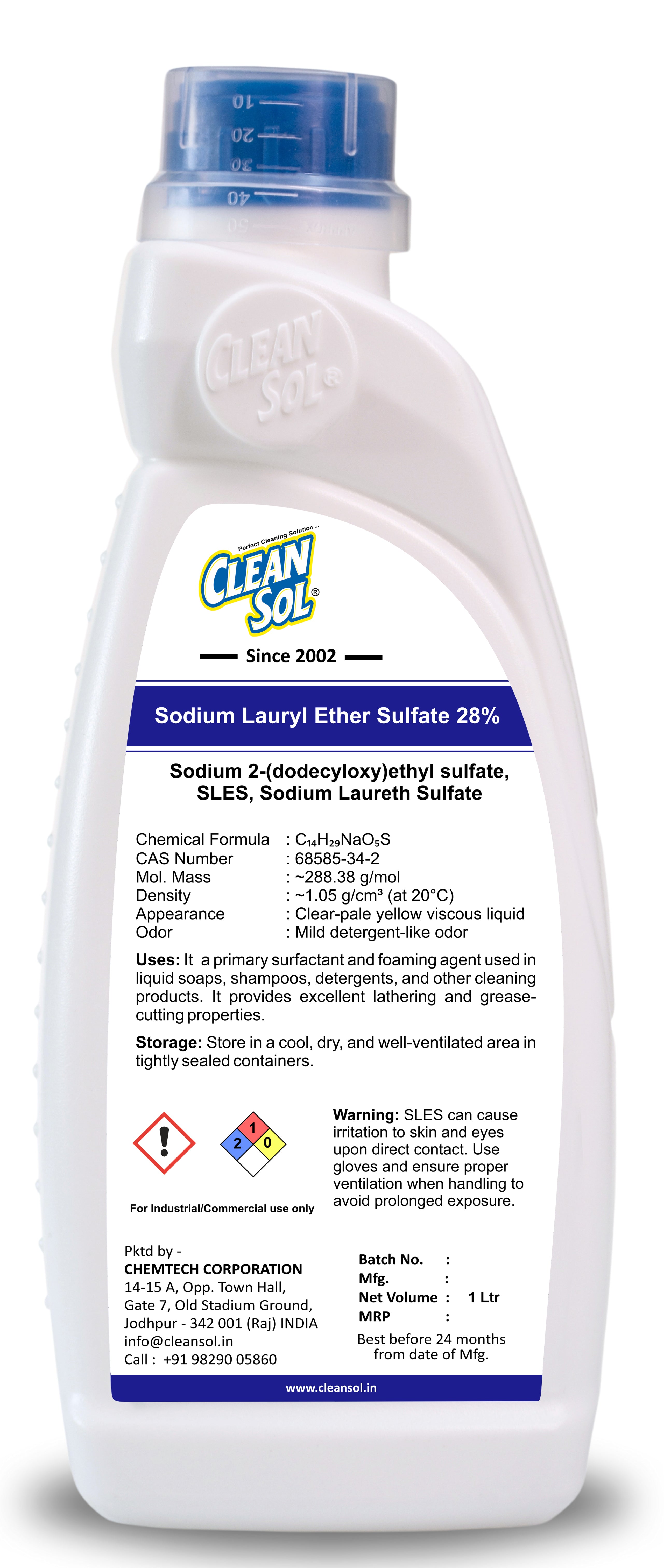 Cleansol Sodium Lauryl Ether Sulfate (SLES) 28% | High-Foaming Surfactant for Liquid Soaps, Shampoos, and Detergents | Cleaning Agent for Household & Industrial Use