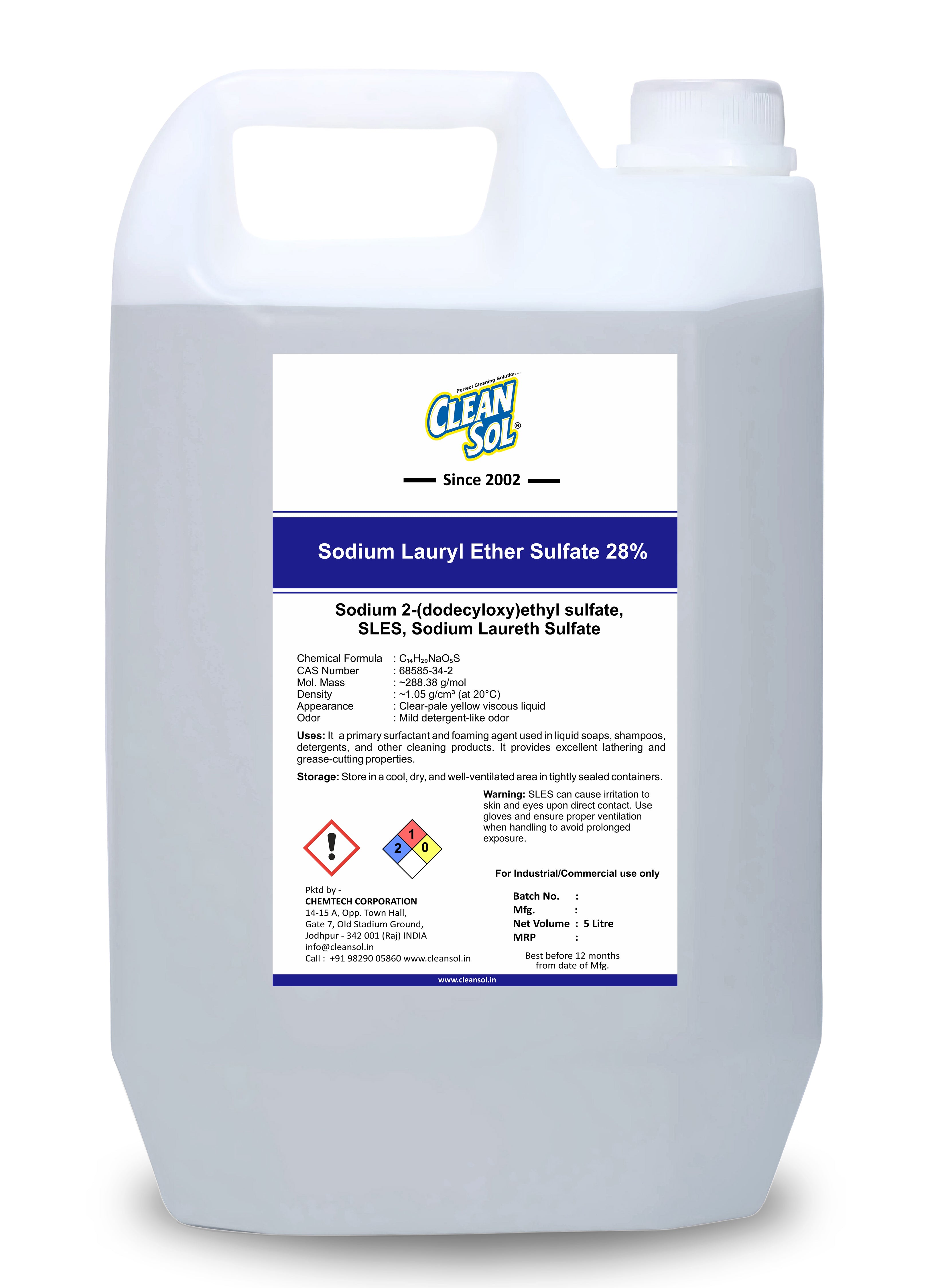 Cleansol Sodium Lauryl Ether Sulfate (SLES) 28% | High-Foaming Surfactant for Liquid Soaps, Shampoos, and Detergents | Cleaning Agent for Household & Industrial Use