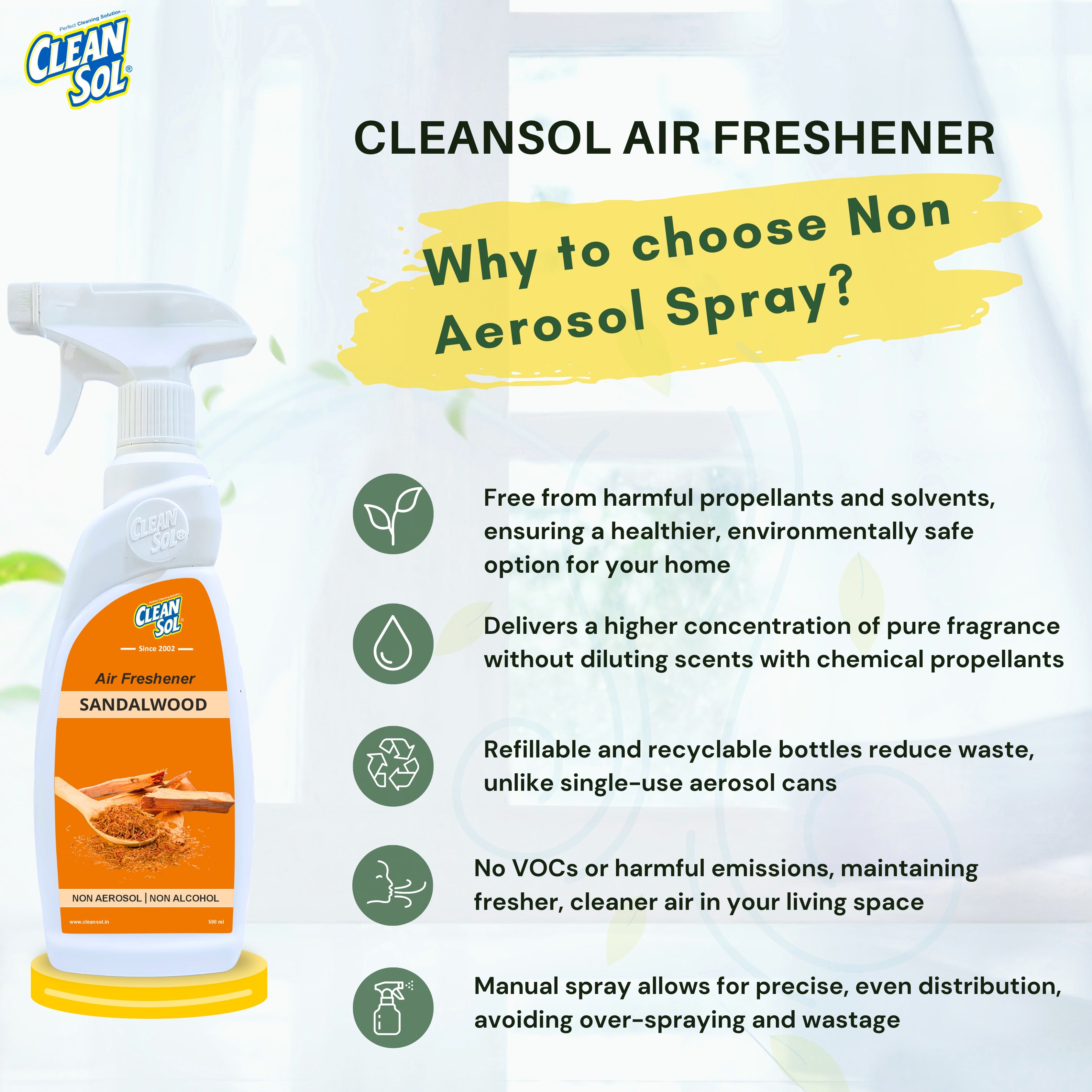 Cleansol  Air Freshener Spray  - 500 ml  | Non-Aerosol, Water-Based, Alcohol-Free | Long-Lasting Fragrance for Home, Car, Office | Non-Toxic, Eco-Friendly, Solvent-Free Air Freshener