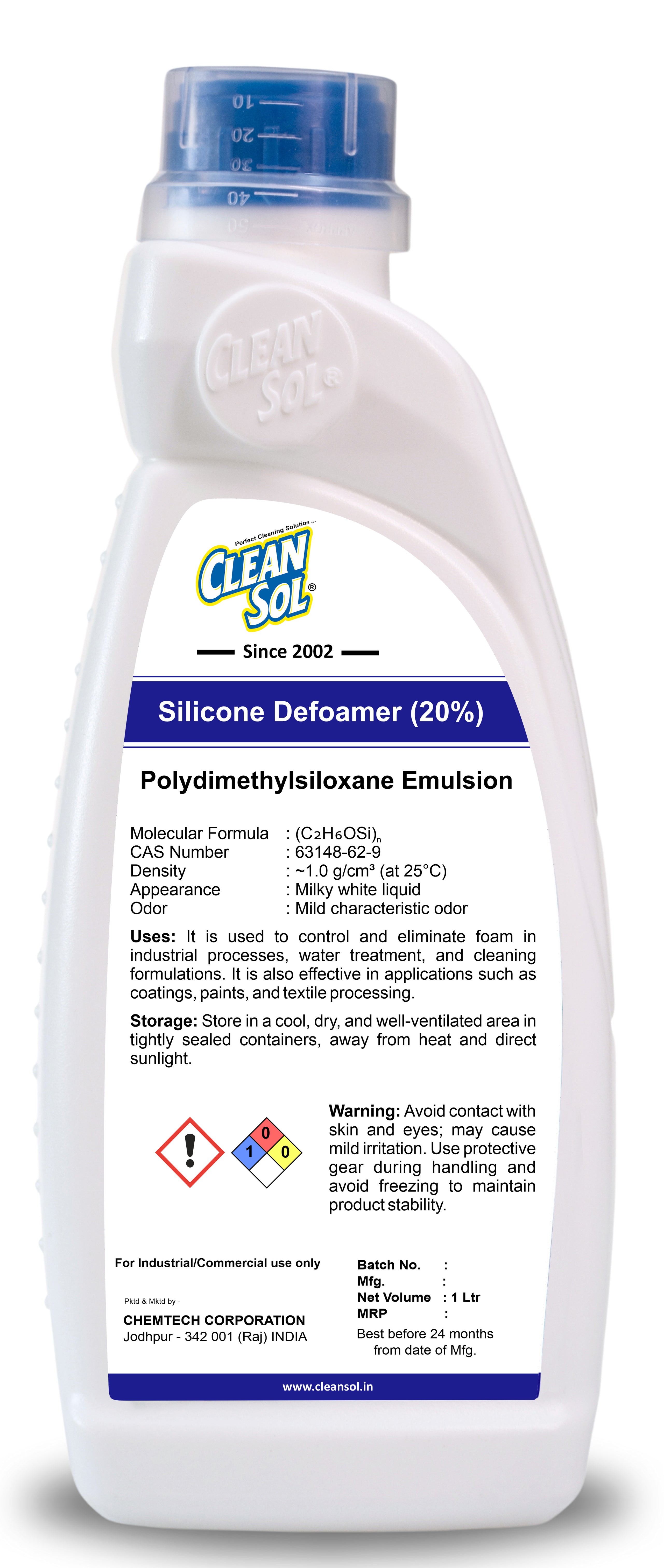 Cleansol Silicone Defoamer (20%) | High-Performance Antifoam Agent for Industrial Processes, Water Treatment, and Cleaning Applications - 250ml/500ml/1L/5L