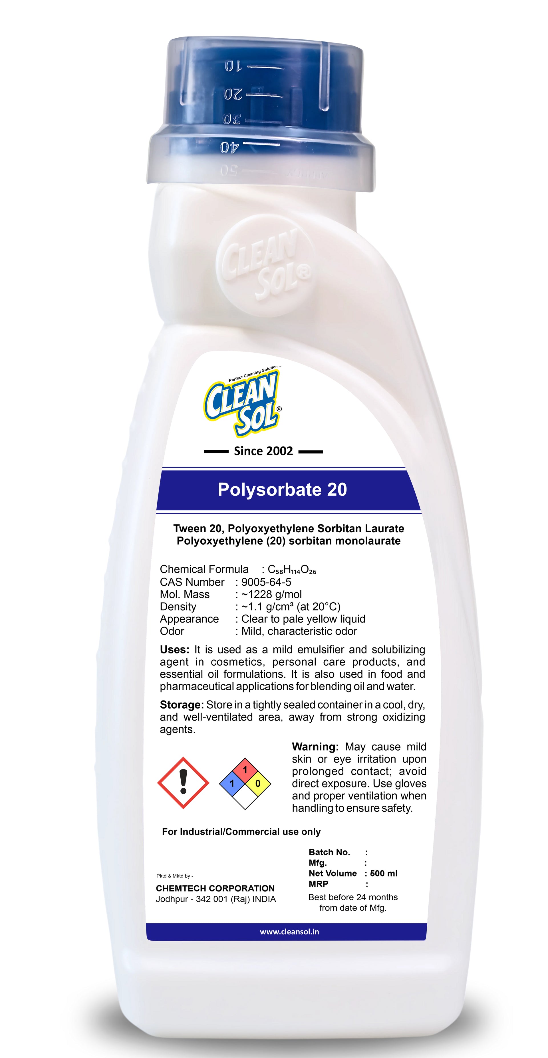 Cleansol Polysorbate 20 Industrial Emulsifier Surfactant for Cleaning and Formulations 500 ml