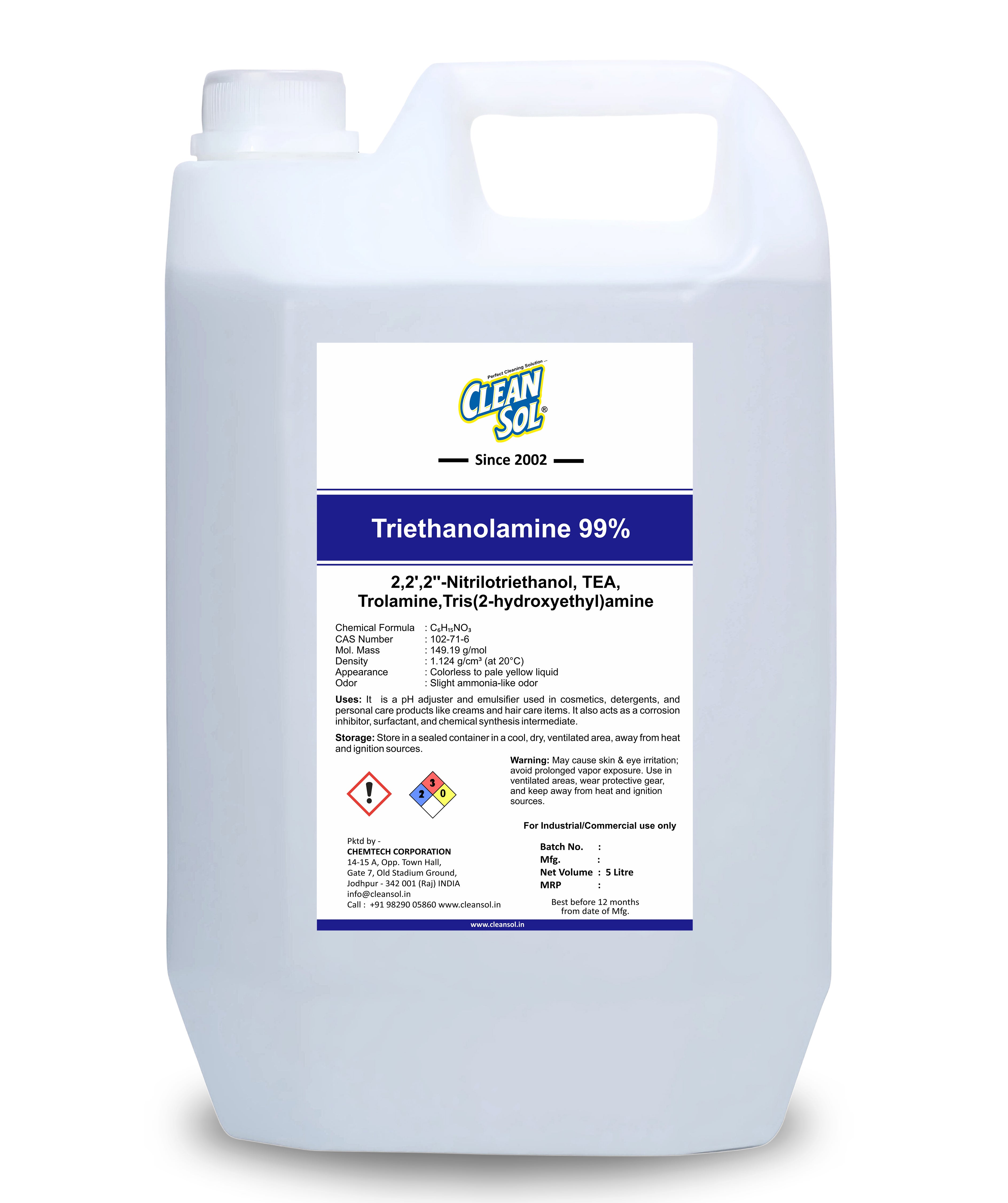 Cleansol Triethanolamine 99% | High Purity pH Adjuster & Emulsifier | Ideal for Cosmetics, Detergents, and Personal Care Products