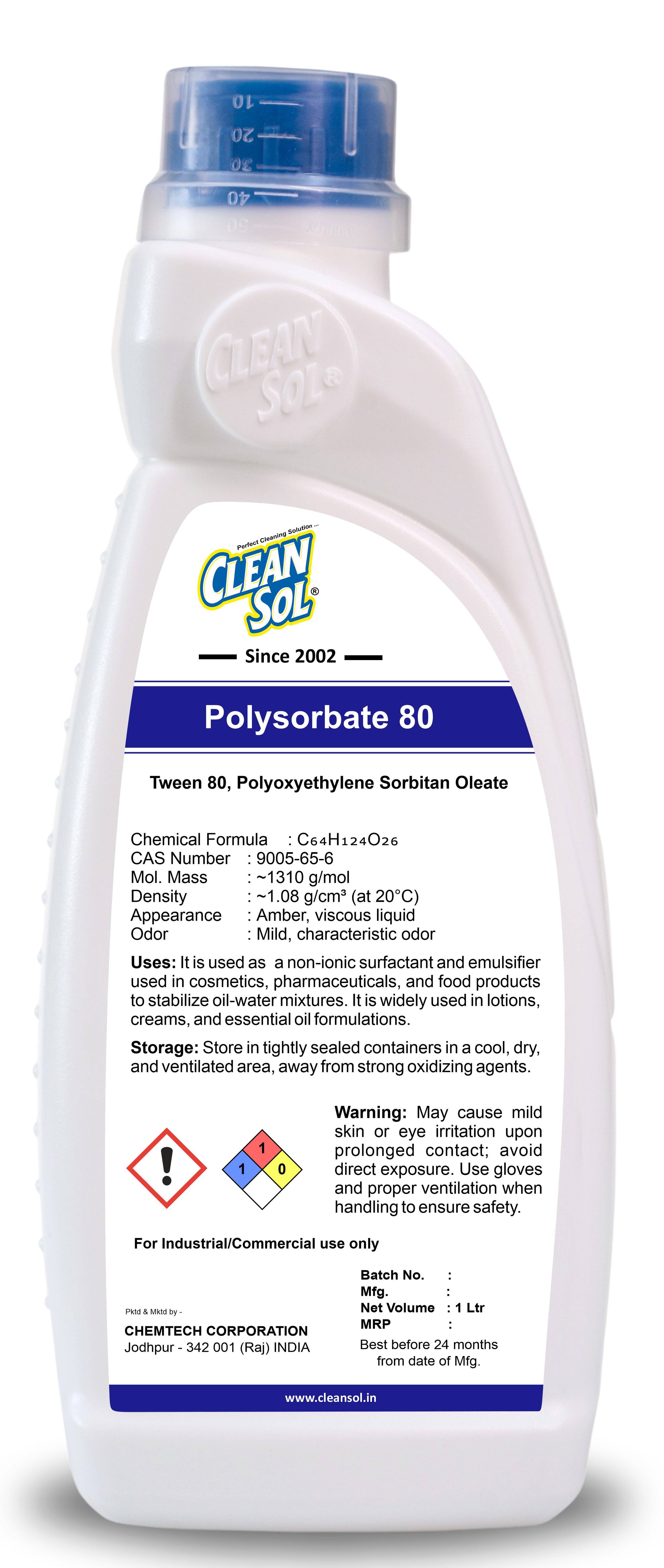 Cleansol Polysorbate 80 | Premium Emulsifier & Surfactant for Cosmetics, Pharmaceuticals, and Food Applications - 250ml/500ml/1L/5L