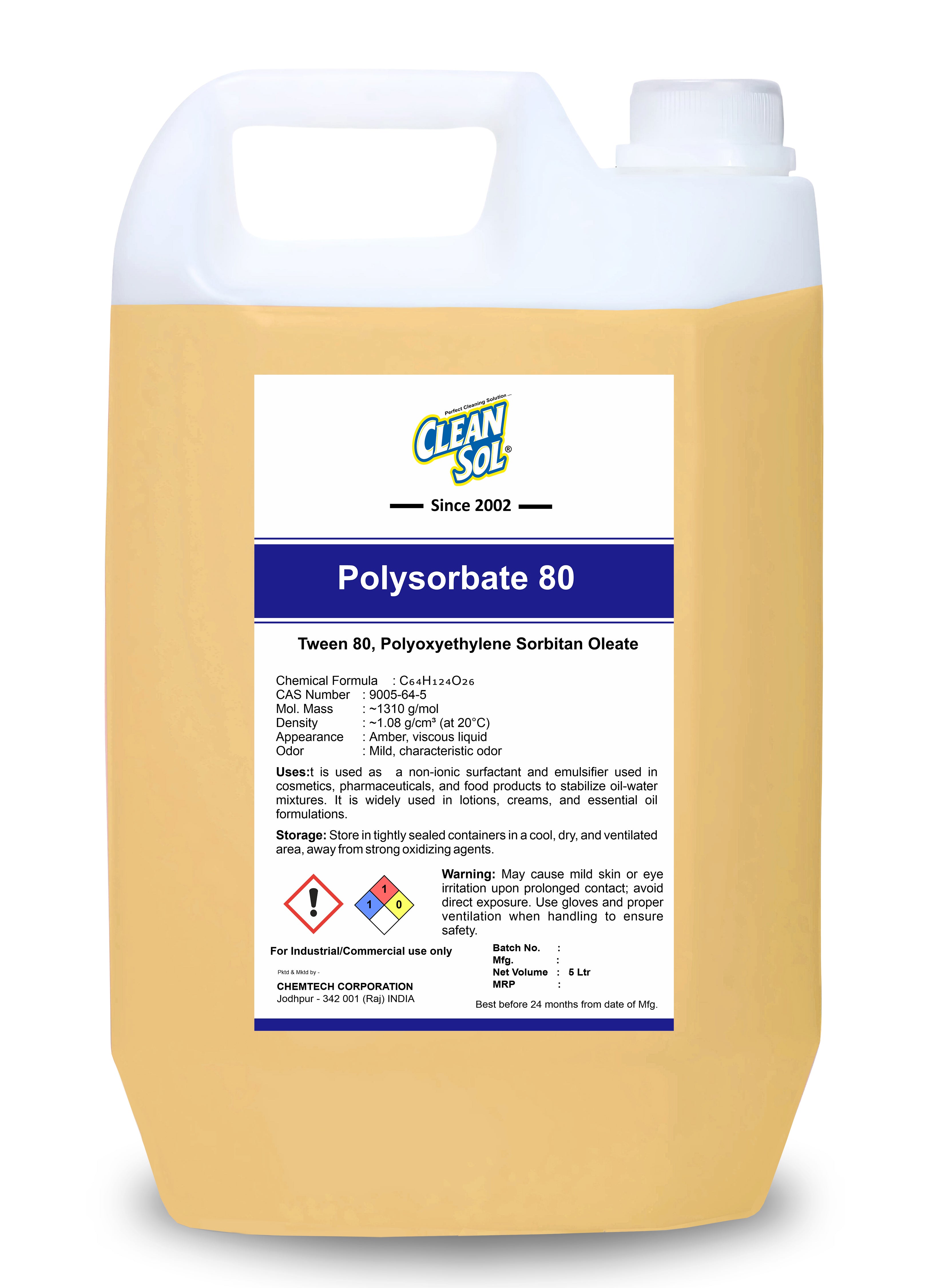 Cleansol Polysorbate 80 | Premium Emulsifier & Surfactant for Cosmetics, Pharmaceuticals, and Food Applications - 250ml/500ml/1L/5L