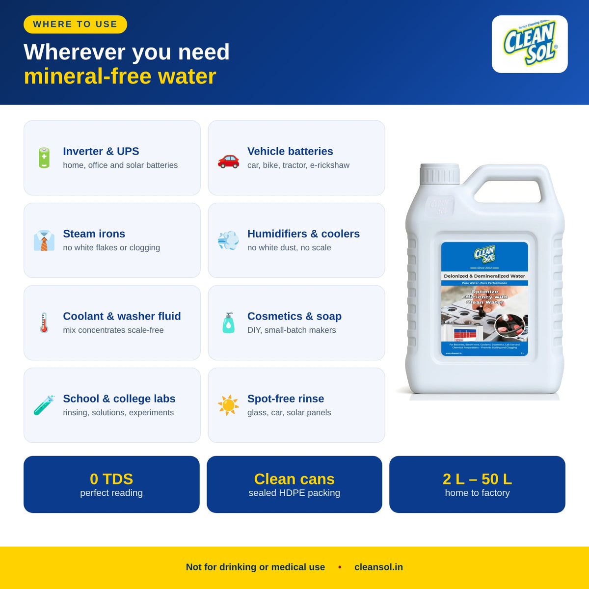 Demineralised water uses – inverter battery, car battery, steam iron, humidifier, coolant, cosmetics, lab