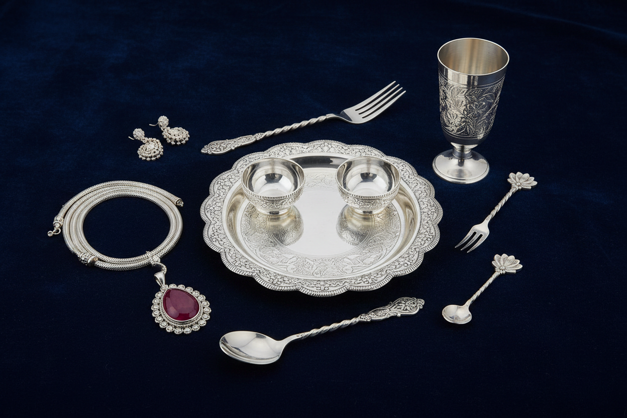 Generate image for the 1000ps x 500px+professional+for website section block+silver utensils+pooja thali+silver jewelry+silver glass+silver spoon+dark blue background+no text