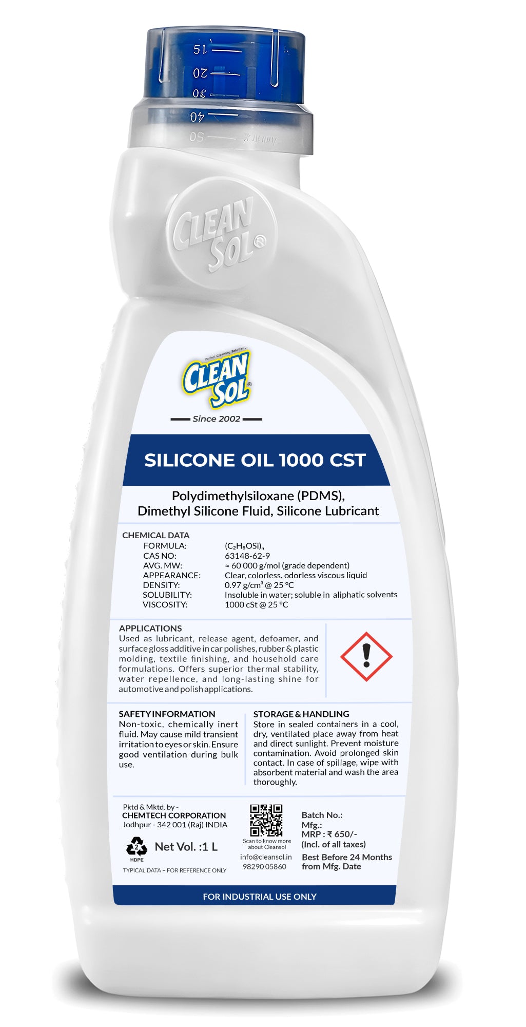 Cleansol Silicone Oil 1000 cSt | Polydimethylsiloxane Lubricant & Defoamer