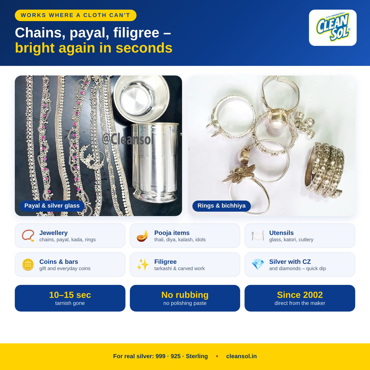 Silver dip works on chains, payal, pooja items, utensils, coins and filigree