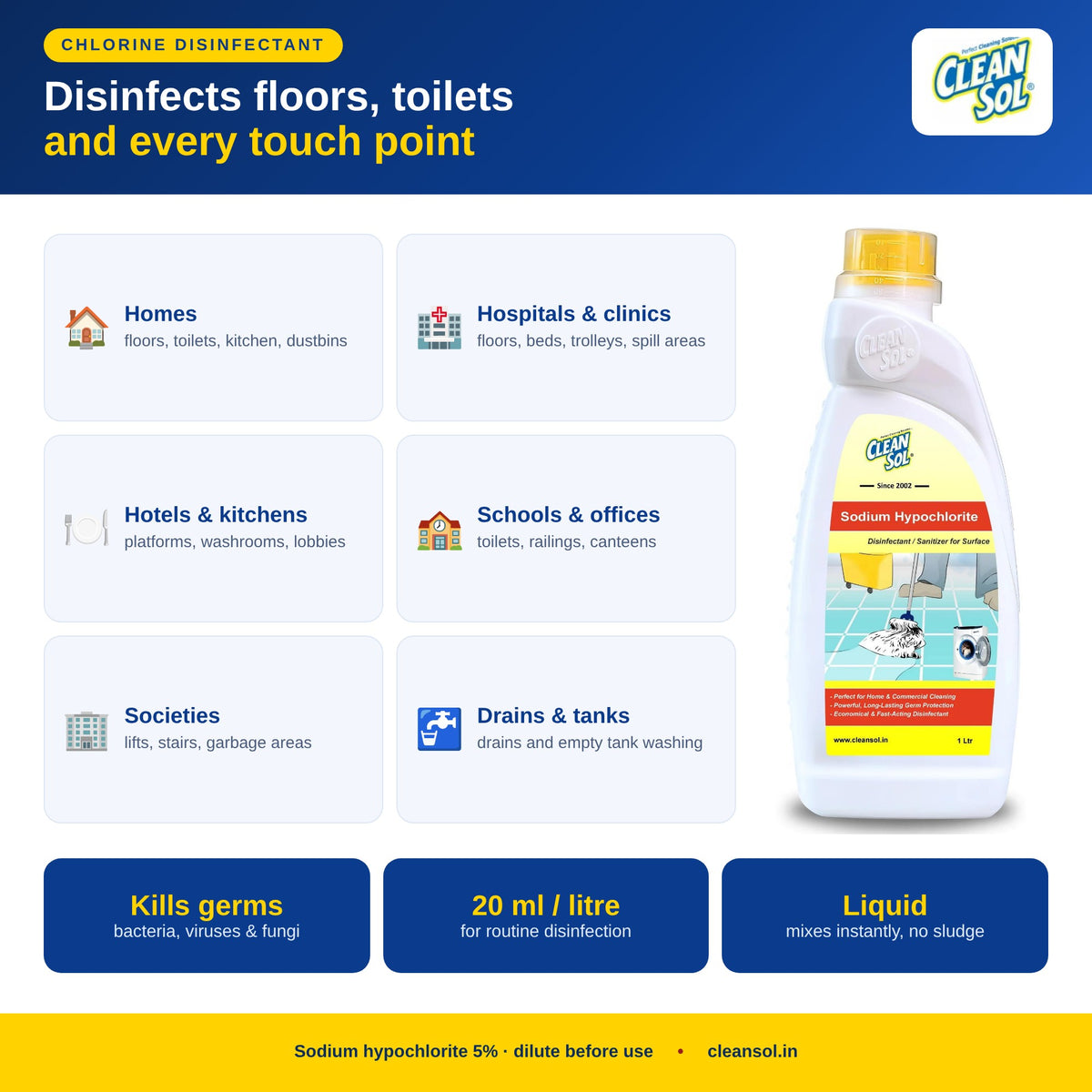 Sodium hypochlorite disinfectant for floors, toilets, hospitals, kitchens, schools and drains