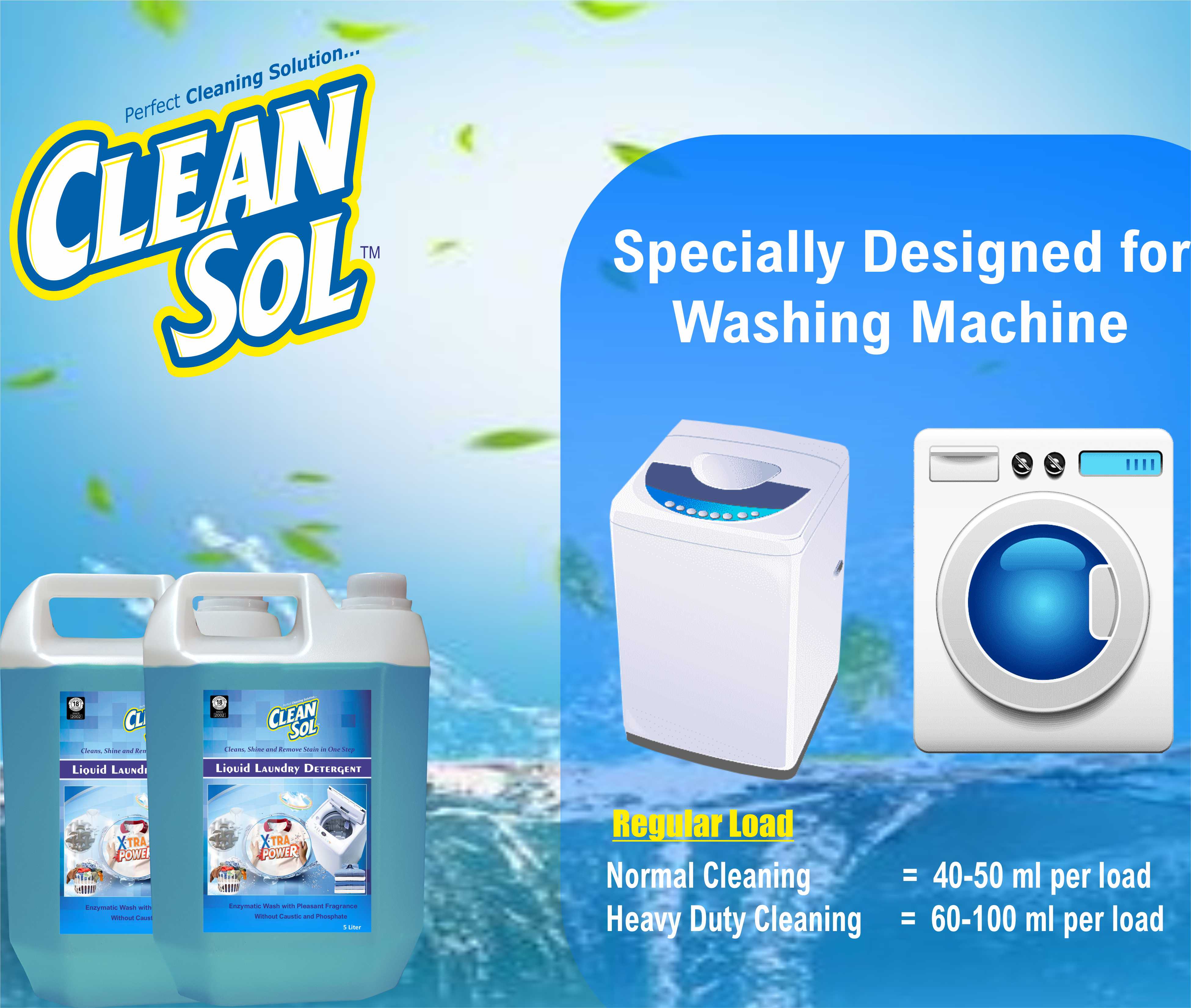 Cleansol Liquid Laundry Detergent For Top And Front Load Washing Machine - 5 liters
